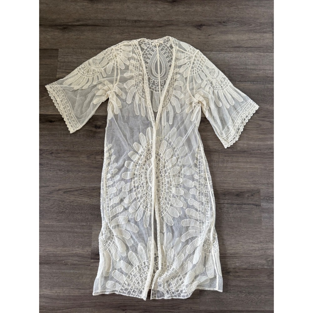 Rebellion Lace Kimono Cardigan Ivory Embroidered Duster Boho Cover-Up Size Small - Picture 2 of 11